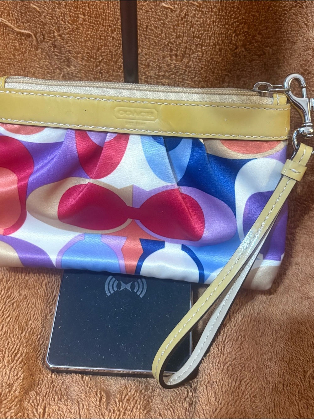 #32 Coach Multicolor Signature Scarf Print Wristlet with Yellow Patent Trim